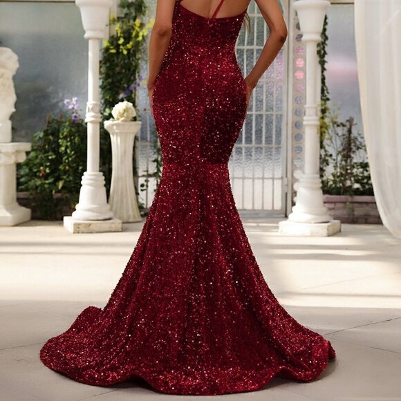 Burgundy Preppy Womens One Shoulder Mermaid Hem Sequin Formal Dress - Picture 2 of 5
